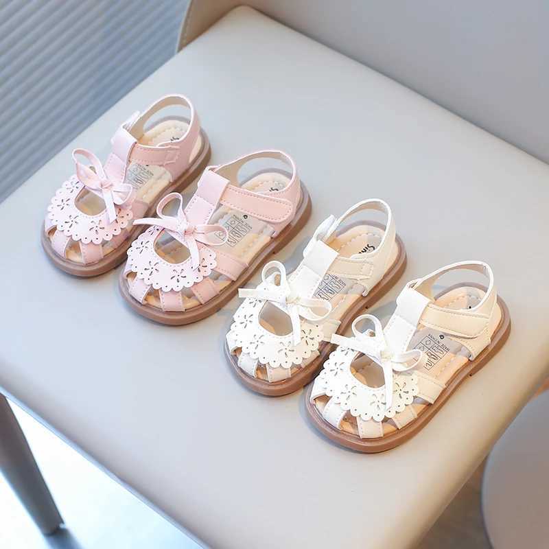 Summer Girls Sandals Hollow-out Cover Toe Floral Kids Sliders Beige Pink Sweet Pu Leather Toddler Hook-loop Children Slippers R250707