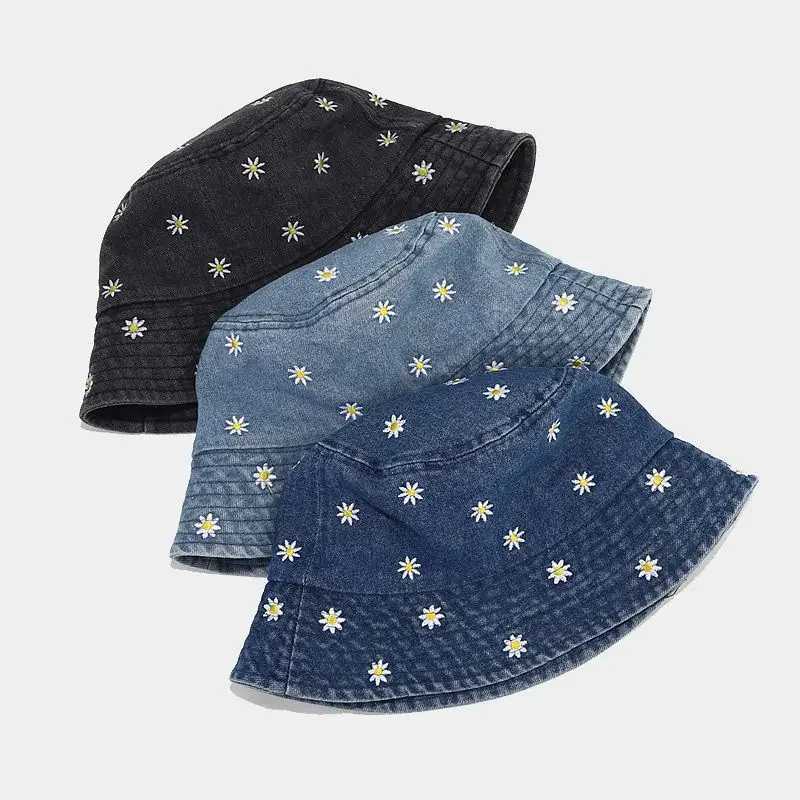 2024 Four Seasons Denim Flower Embroidery Bucket Hat Fisherman Hat Outdoor Travel Sun Cap for Men and Women Y250707