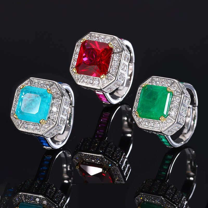 Jewelry Live Copper Base Silver Plated Imitation Red Corundum With Diamond And Emerald Zircon Ring 448