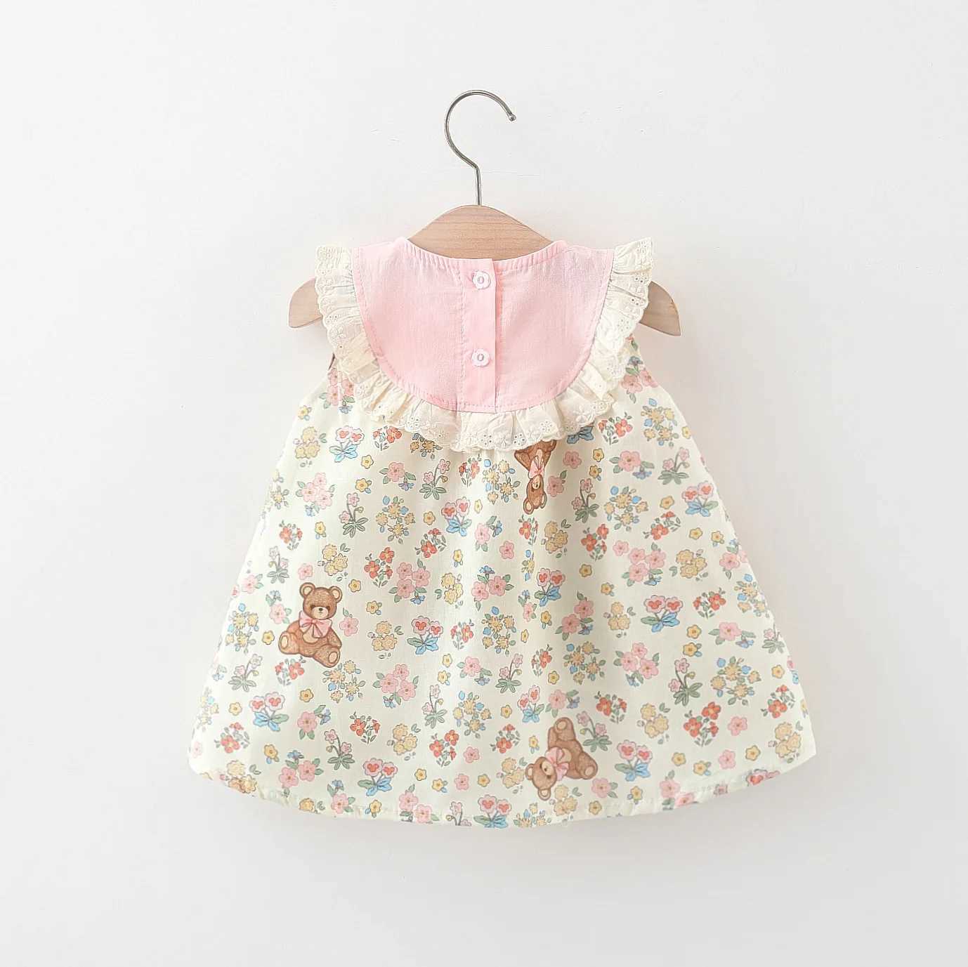 Summer Bear Flower Printed Cotton Dress For Kids Girl With Lace Collar Cartoon Princess Dress For Baby Kids R250707