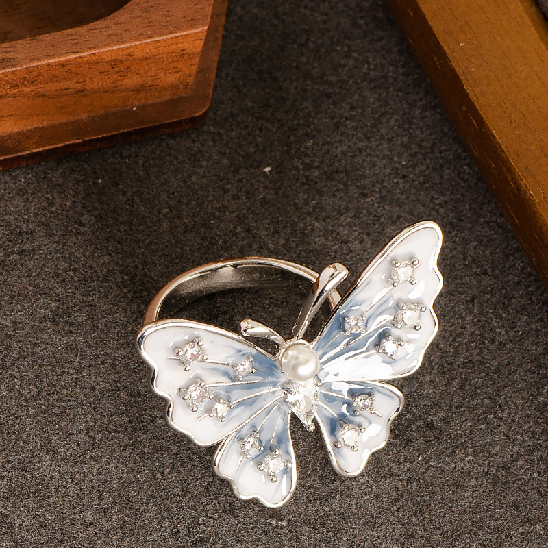 Exquisite Fashion Diamond-Studded Pearl Oil-Drip Butterfly Open for Women, Non-Fading, Petite Minimalist Style Adjustable Index Finger Ring