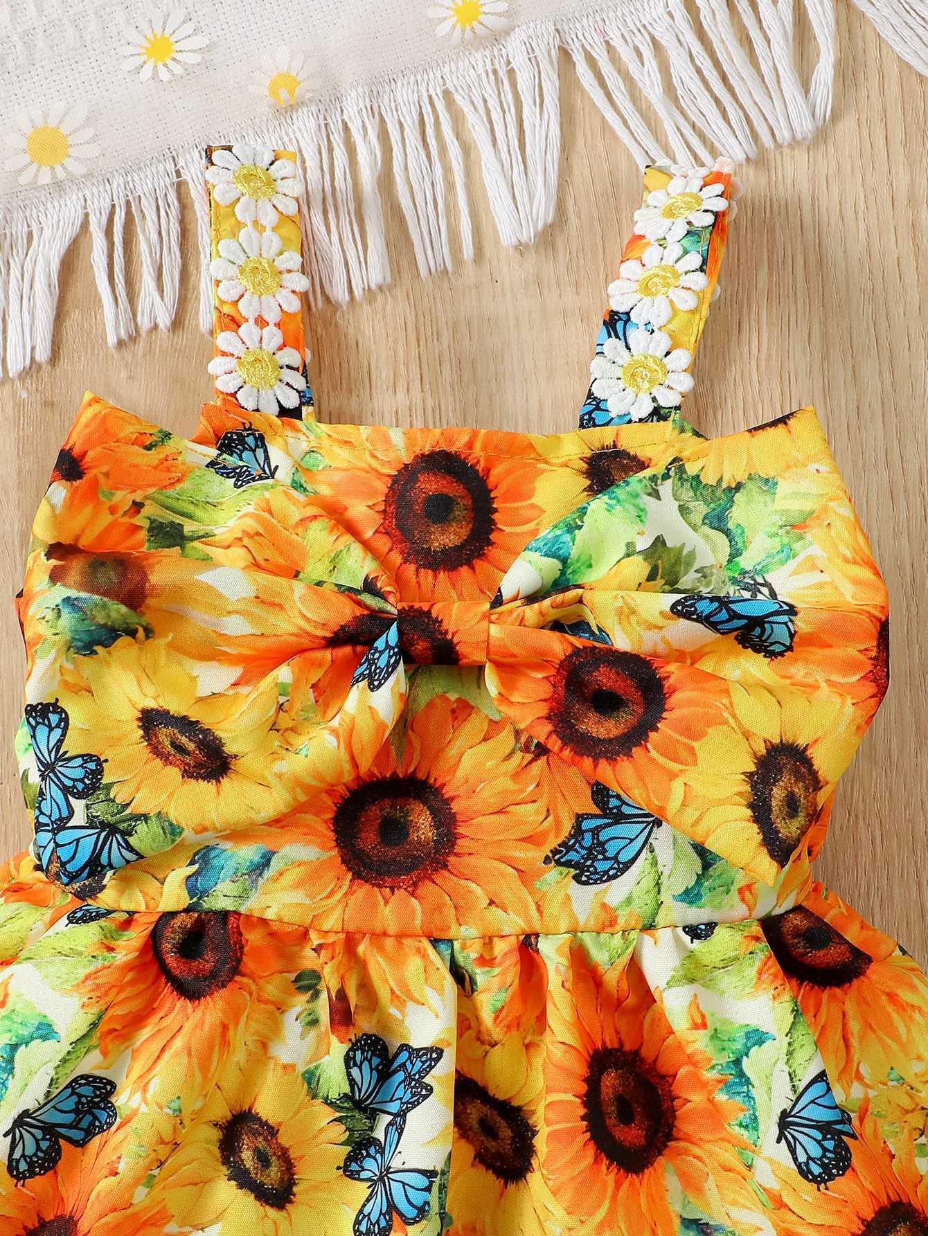 Baby Girl Summer Fashion Vacation Romantic Sunflower Flower Lace Suspender Big Bow Dress R250707