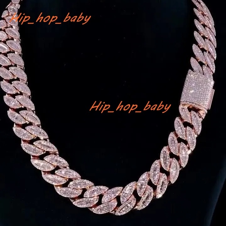 18mm Moissanite VVS Cuban Link Chain Iced Out Necklace With Baguette Round Cut VVS Moissanite Passes Diamond Tester