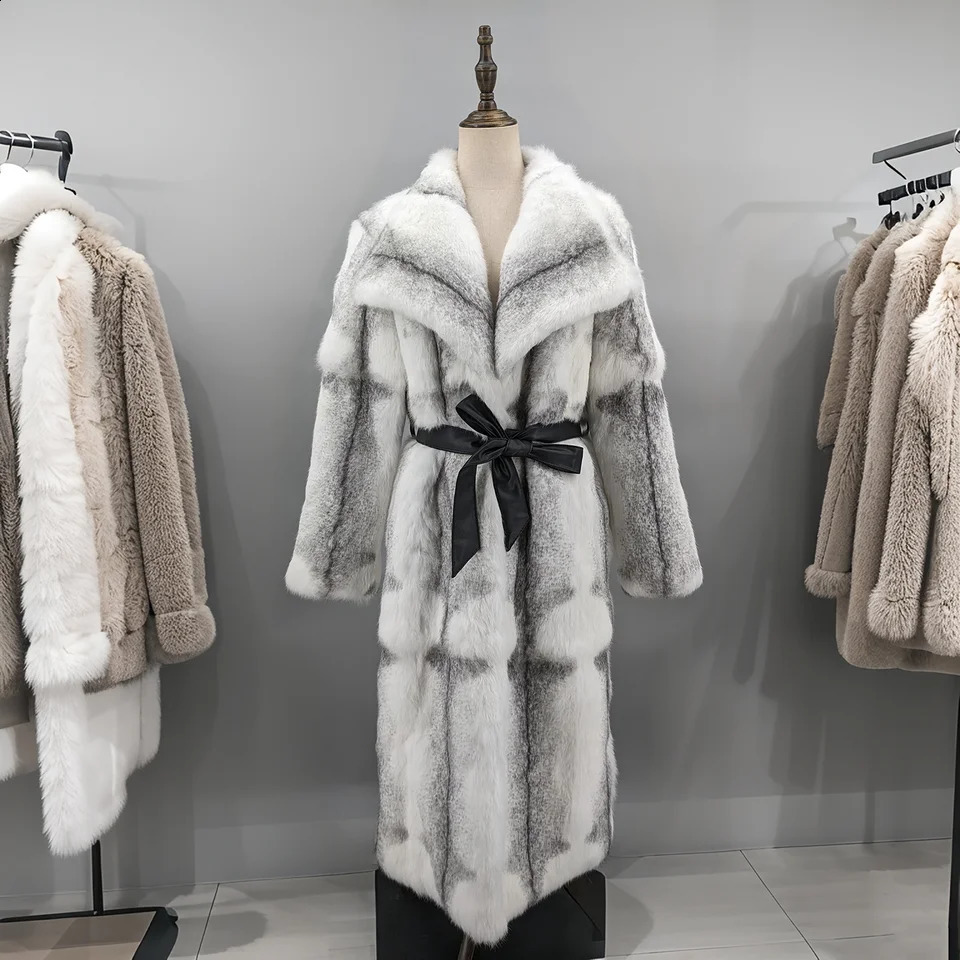 Winter long Jacket Women Natural Rabbit Fur A-line coat Thick Warm with Belt Outerwear Streetwear Casual big collar 240904 250703