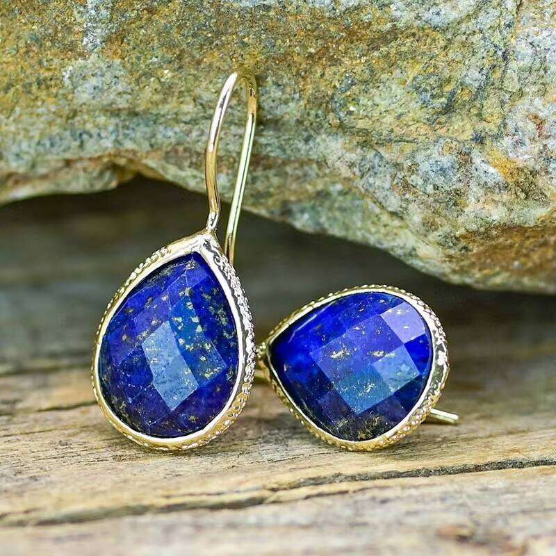 Natural Lapis Lazuli Gold Carved Edge Fashion Simple Earrings Water Drop - Shipped from Factory