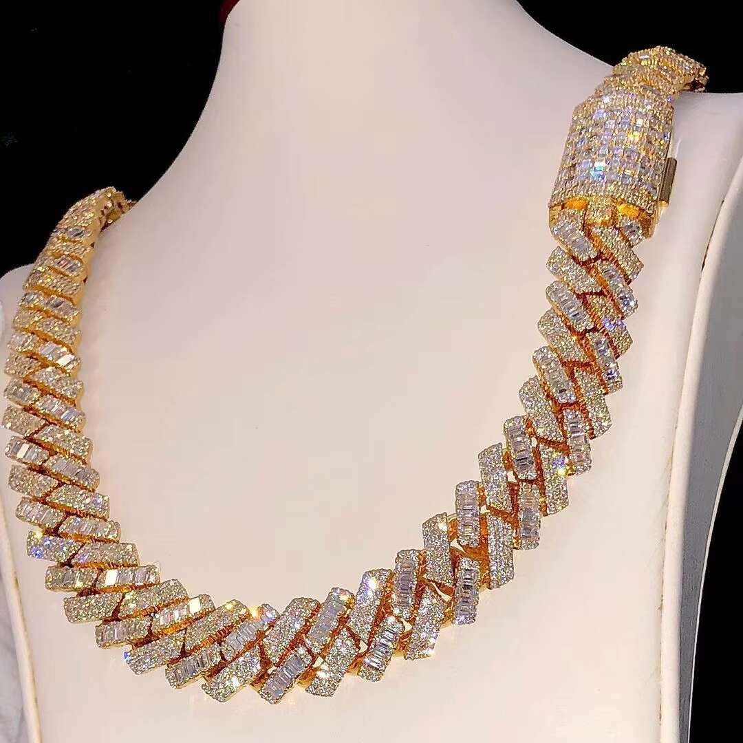 14mm Width Cuban Moissanite Chain Sterling Silver 925 Baguette Cut Diamond Iced Out Moissanite Chain