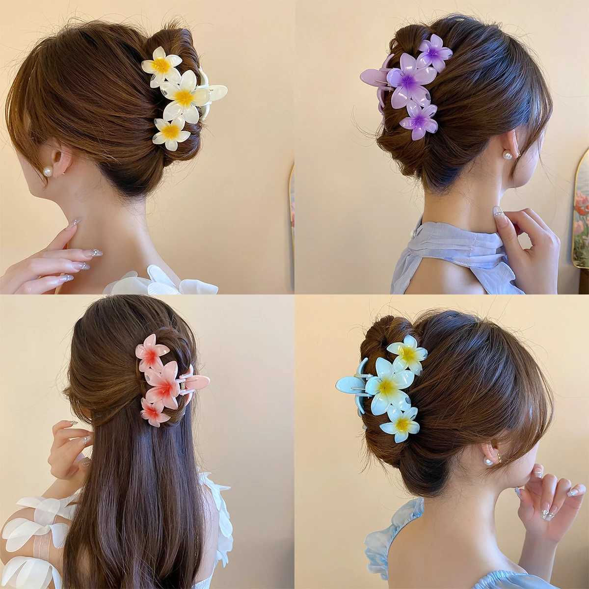 11CM 3 Frangipani Flowers Solid Color Gradient Color Shark Clip Hairpin Headwear Headdress Hair Accessories For Women Girls Y250707