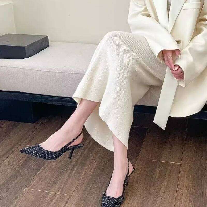 high heels Fashionable for women 2025 striped design black style pointed stilettos sexy and comfortable large-sized sandals