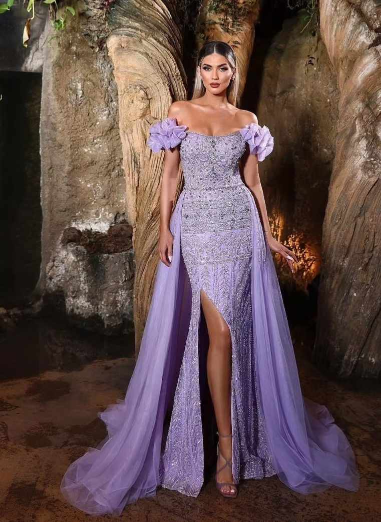 Illusion Evening Dresses Mermaid Appliques Bead Crystal Split Detachable Train Prom Gown Party Dress Vestido De Noite Plus Size Special Occasion Custo