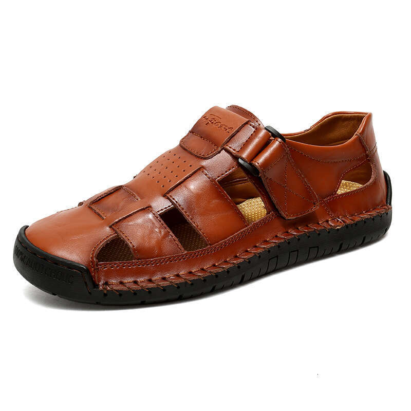 Genuine Leather Cowhide Stitched Slippers for Men 2024 Summer New Outdoor Men's Beach Sandals Trendy