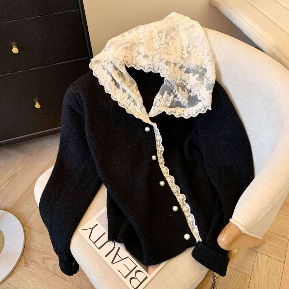French Lace Patchwork Hooded Long Sleeve Knitted For Women Autumn Winter New Versatile Age-Reducing Slimming Sweater Top B5