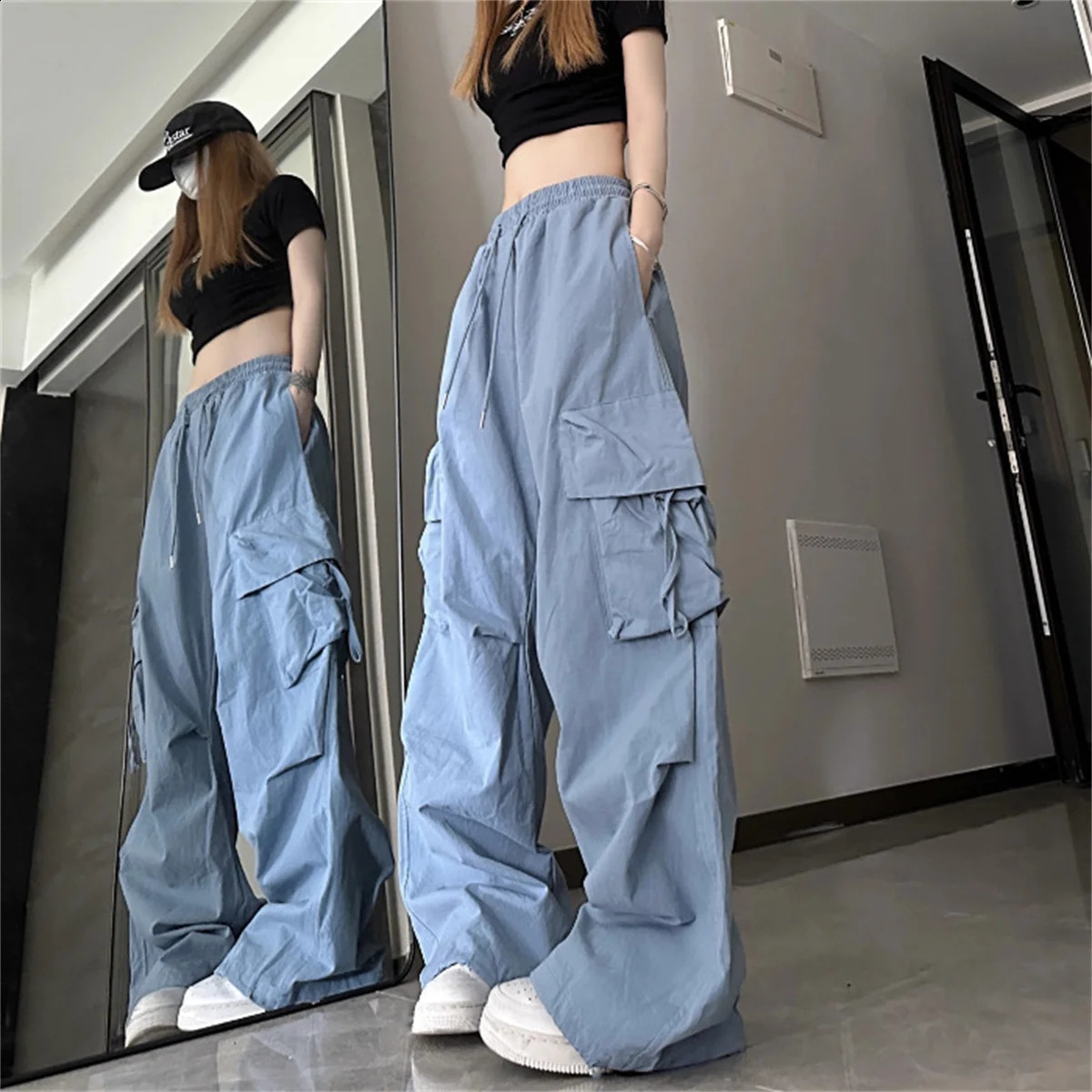 Plus Size Women Cargo Pants High Waist Solid Fashion Street Pant Vintage Drawstring Pocket Trousers Loose Casual Joggers Clothes 250628