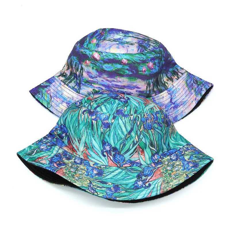 Bucket Hat Women Men Couple Flower Painting Fisherman Cap Sunshade Double Sided Retro Sun Hat Hip Hop New Y250707
