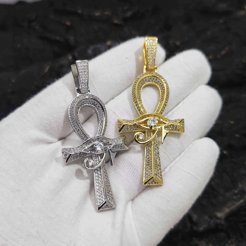 Nuoya Ancient Egyptian Amulet Cross Bling CZ Stone Gold Plated Eye of Horus Ankh Pendant Necklace for Men