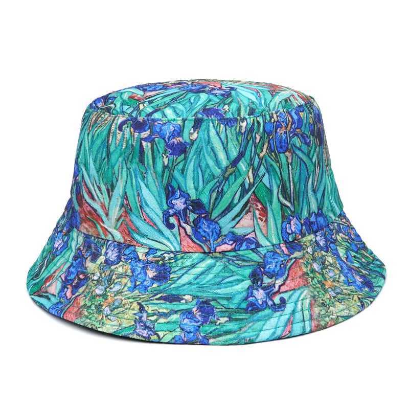 Bucket Hat Women Men Couple Flower Painting Fisherman Cap Sunshade Double Sided Retro Sun Hat Hip Hop New Y250707