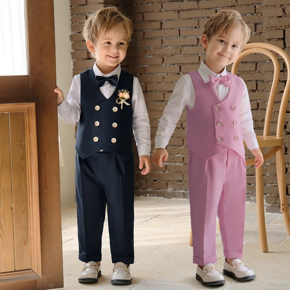 Childrens Formal Suit Set Spring Summer Boys Piano Birthday Wedding Pography Costume Kids Vest Pants Bowtie Flower Clothes 250704