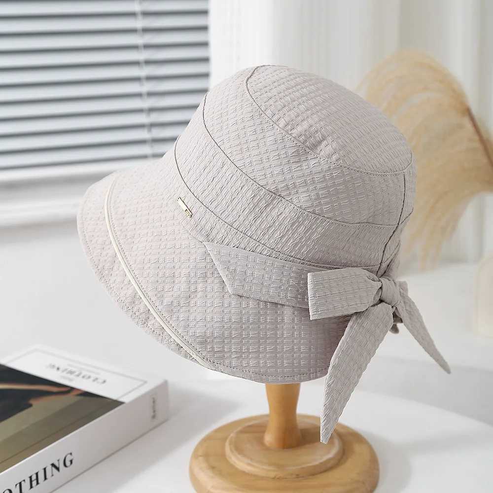 Womens Bucket Hat Korean Style Retro Lady Fashion Cloth Bow Foldable Sunscreen Summer Hats For Women Trendy Fisherman Cap New Y250707