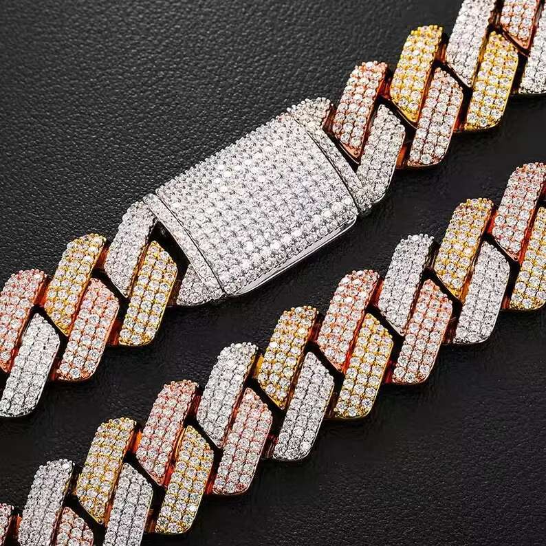Hip Hop Luxury Jewelry 19MM 3 Tone Moissanite Cuban Chain Necklace Pass Diamond Test Iced Out S925 Cuban Link Chain