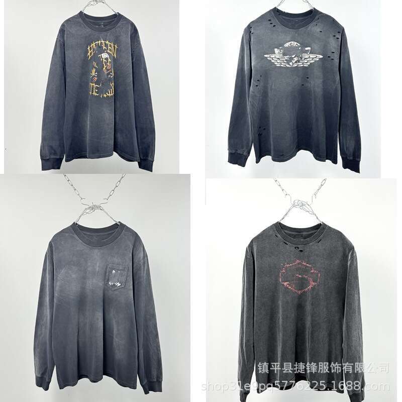 Autumn Winter New Washed Vintage Letter Print High Street Unisex Crew Neck Long Sleeve T-Shirt Trendy