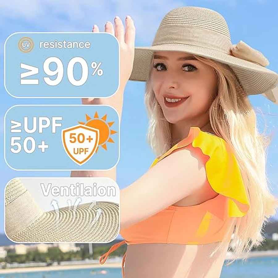 Ladies hats spring and summer styles large brimmed straw UV resistant sun foldable bow shaped hats 250707