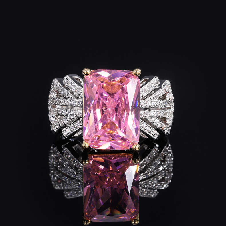 Pink Zircon For Women, Para Green With Inlaid Zircon, Square Ring Band 730