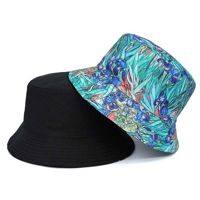 Bucket Hat Women Men Couple Flower Painting Fisherman Cap Sunshade Double Sided Retro Sun Hat Hip Hop New Y250707
