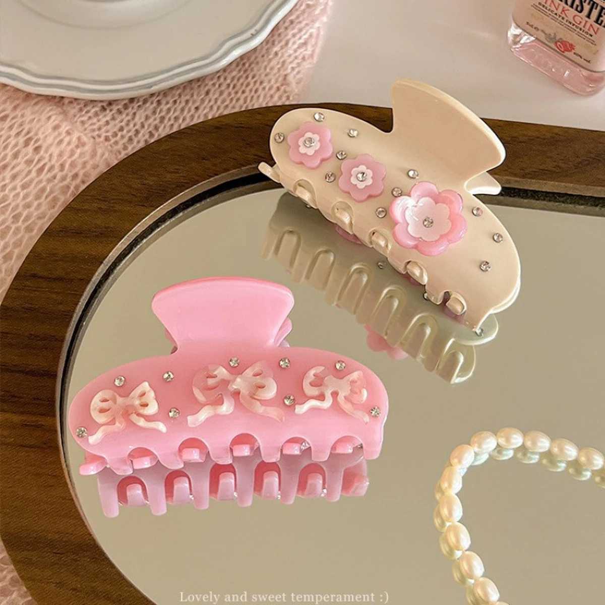 1pc Acetate Sweet Rhinestone Flowers Grab Clip Half-Tied Medium Hairpin Temperament and Versatile Hair Accessory Y250707