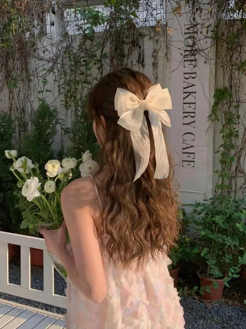 Sweet Blue Shining Satin Bowknot Hair Clip Big Ribbon Bow Barrette Solid Color Scarf Hairpin Ponytail Clip Hair Accessories Y250707