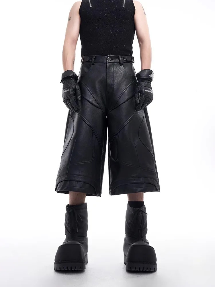 Mauroicardi Spring Summer Cool Handsome Black Pu Leather Shorts for Men High Waist Knee Length Short Straight Pants Clothes 2025 250704