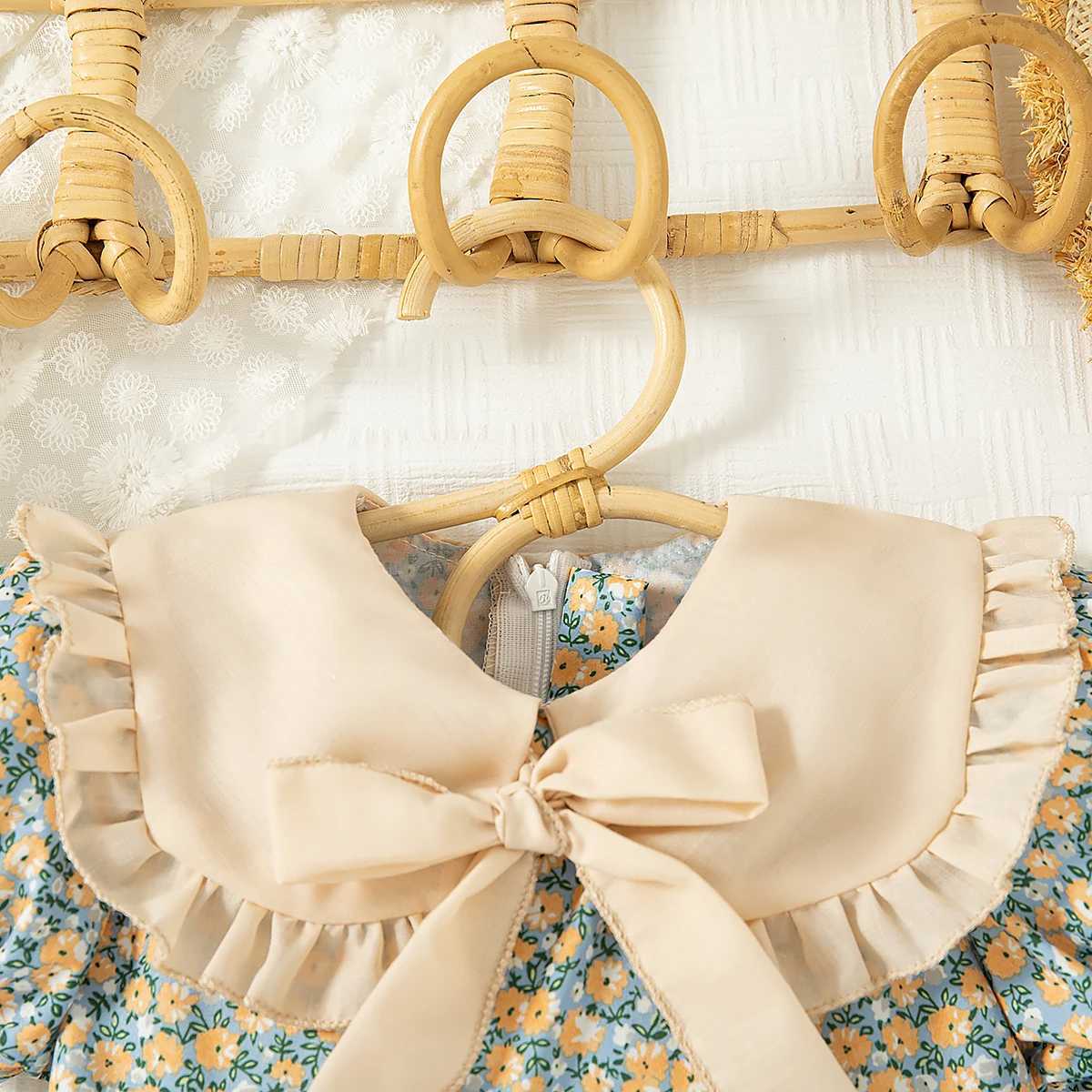 Girl Dress Summer Flower Printed Casual Dress Cute Collar Bow Elegant Outdoor Kids Clothing R250707