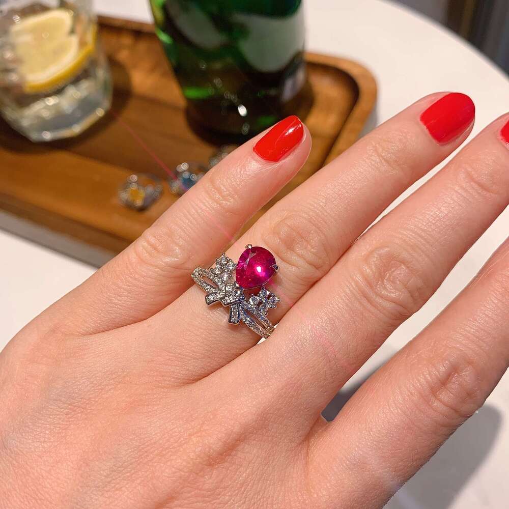 Live New Pear-Shaped Full Diamond Paraiba Blue Zircon Gemstone Ring 75F