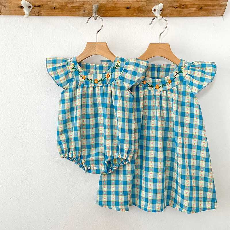 New Girls Flower Print Princess Dresses Baby Embroidery Party Dress with Wooden Ear Edge Plaid Casual Kids Clothes Fashion Summer Wear R250707