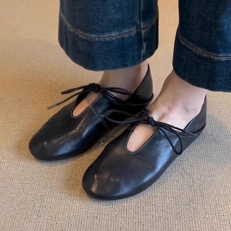 Soft Leather Flat Slip-On Two-Way Wear Women's Spring Summer New Lace-Up Hollow Round Designer Toe Shoes
