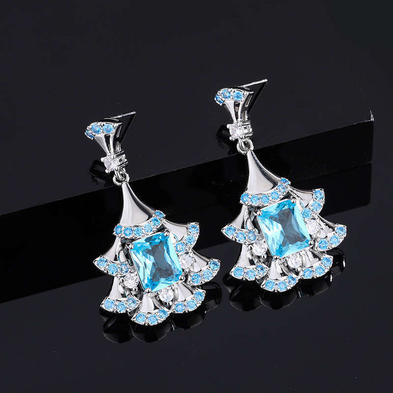 Recommended Light High-End Fan-Shaped Paraiba Blue Drop Earrings Elegant Fairy Studs B55