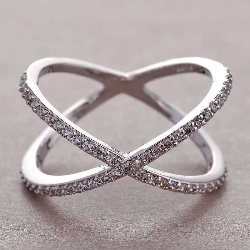 925 Sterling Silver Luxury Cross X Shape Women Engagement Ring Full Paved CZ Stone Elegant Simple Female Jewelry XJ250707