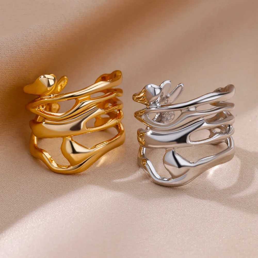2024 Stainless Steel Rings for Women Men Gold Color Hollow Wide Open Ring Fashion Wedding Party Finger Jewelry Gift XJ250707