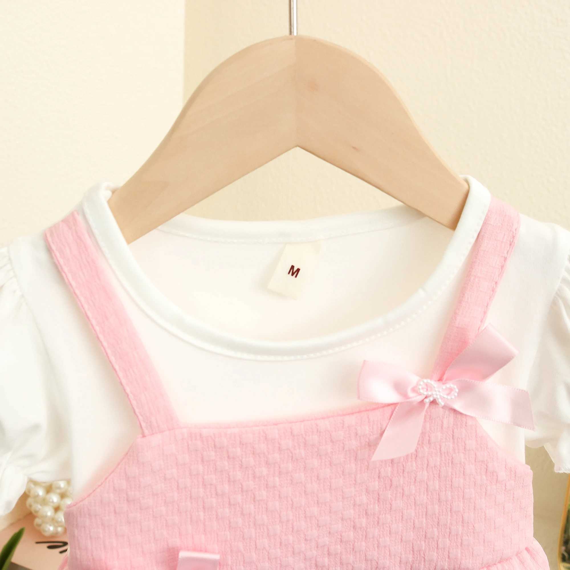 Summer Baby Girl Dresses New Short Sleeved Sweet Toddler Dress Solid Color Bow Plaid Imitation Two Pieces Baby Clothes R250707