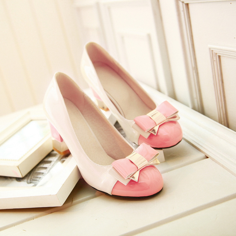 Block Heel Pumps with Bow Detail for Women Stylish Color Block Design Comfortable Thick High Heels Pink Dress Shoes Sizes 34 to 43