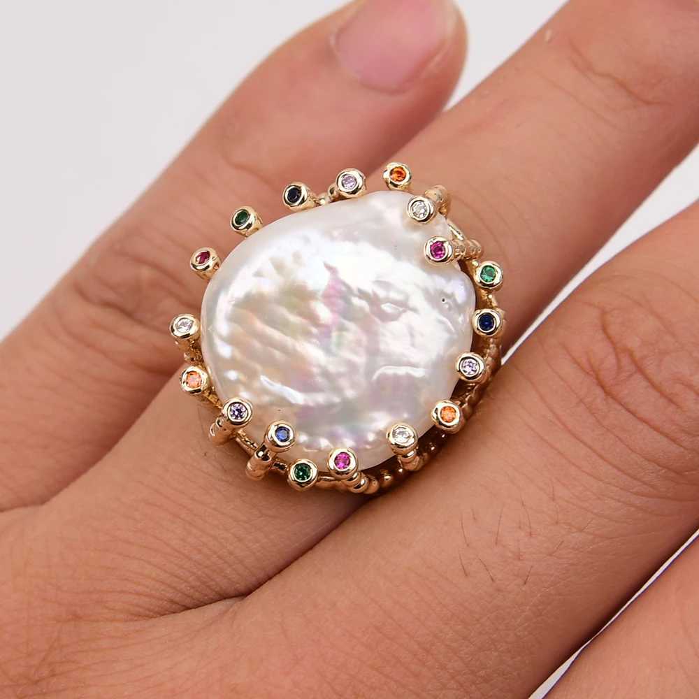 G-G Cultured White Coin Keshi Pearl Rings Mix Color CZ Paved Gold Plated Ring For Women Valentines Day Jewelry XJ250707