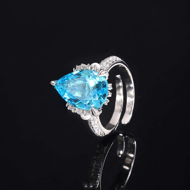 Light Luxury Simple Water Drop Pear-Shaped Versatile Royal Blue Crystal Aquamarine Emerald Open Ring For Women C75