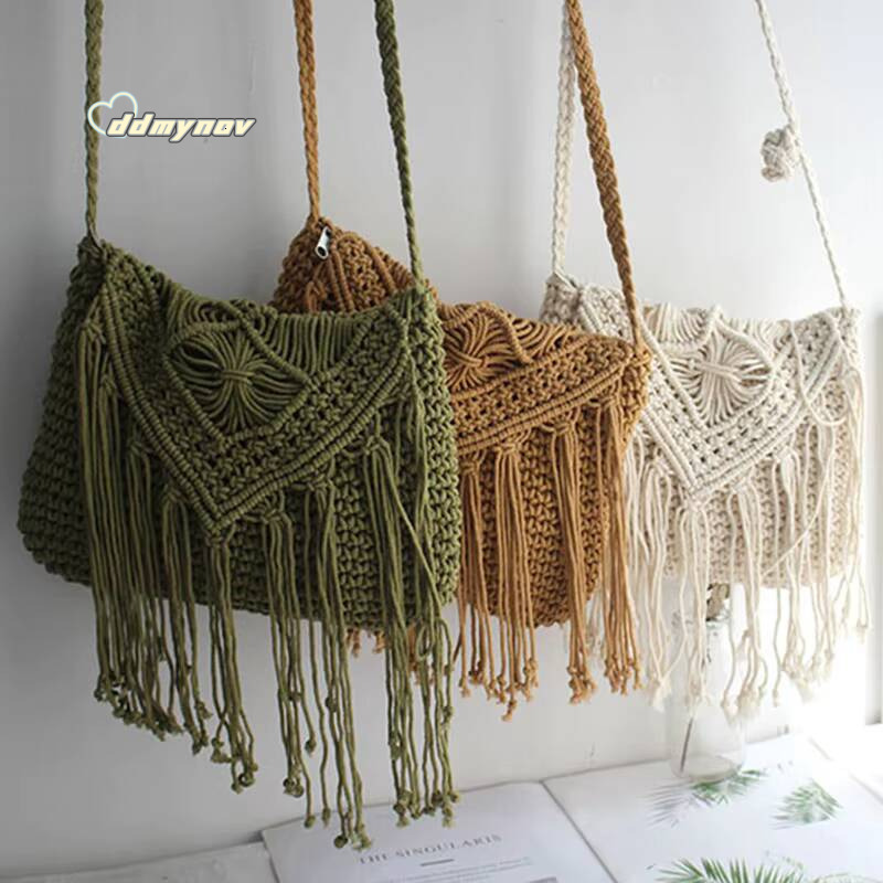 Handmade Cotton Woven Knitted Tassel Crossbody Vintage Shoulder Messenger Bag Female Fashion Beach Summer Handbags for Women ddmynov