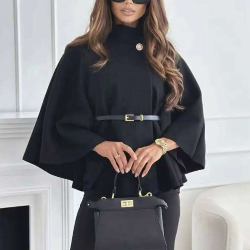 TRAF Womens Coat Short Cape For Women Belt Faux Wool & Blends Autumn Winter Solid Coats Elegant Cloak Jacket Ladies