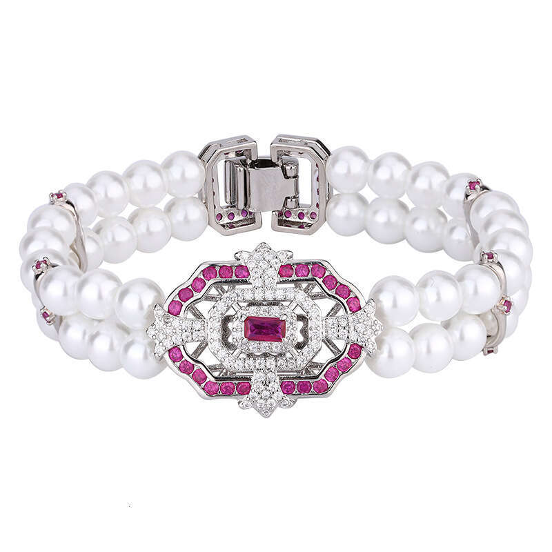 Huayoumei Double Row Pearl Red Corundum Blue Topaz Square Inlaid Bracelet Y546 A66