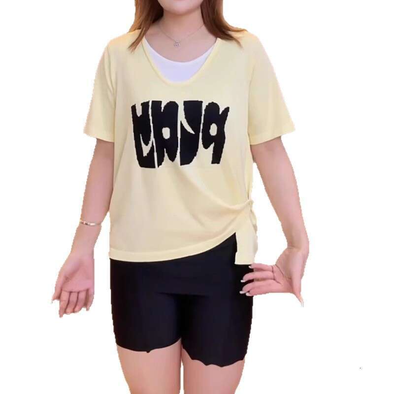 Fake Two-Piece Round Neck Short Sleeve T-Shirt For Women Summer Large Size Design Sense Patchwork Color Block Letter Commuter Top B5