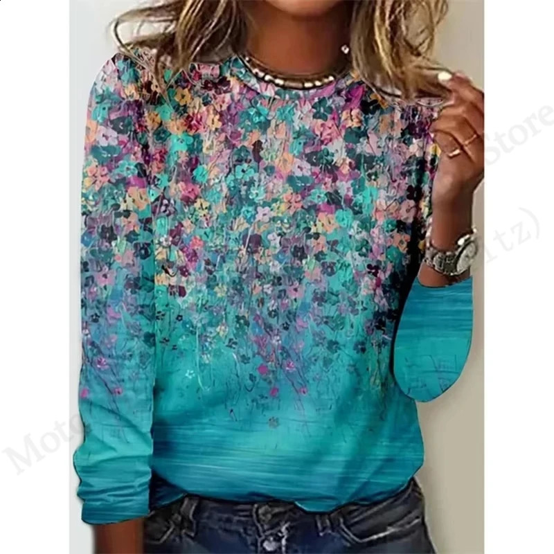 Floral 3D Print T-Shirt Casual Crew Neck Long Sleeve T-shirt Womens Clothing Fashion Casual Oversized Tops Tees Female 250703