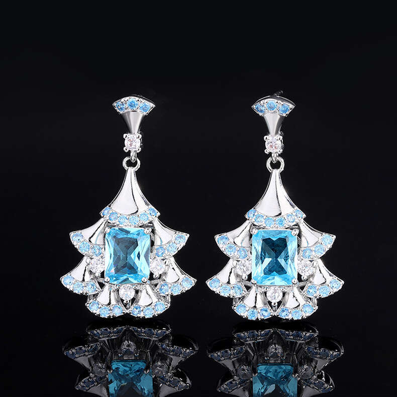 Recommended Light High-End Fan-Shaped Paraiba Blue Drop Earrings Elegant Fairy Studs B55