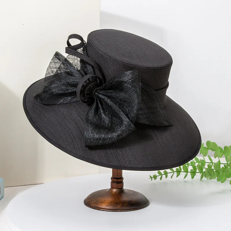 Elegant Wide Brim Black Hats For Women Big Bow Formal Occasion Kentucky Cap Lady Wedding Cocktail Party Flat Top Fedoras 250707