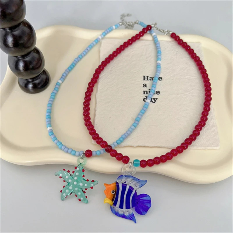 Trendy Summer Glazed Starfish Glass Fish Pendant Beads Choker Necklace For Women Cute Beach Charm Ocean Y2K Jewelry Gift 250707