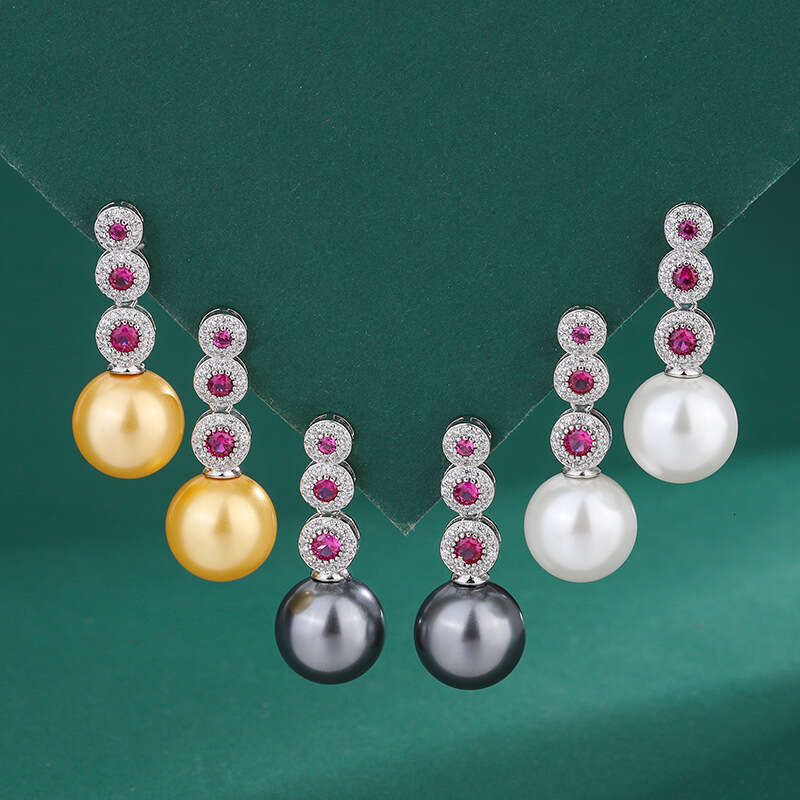 2023 New Imitation Natural Pearl Micro Inlaid Colorful Zircon White Shell Drop Red Corundum Mother-Of-Pearl Earrings D51