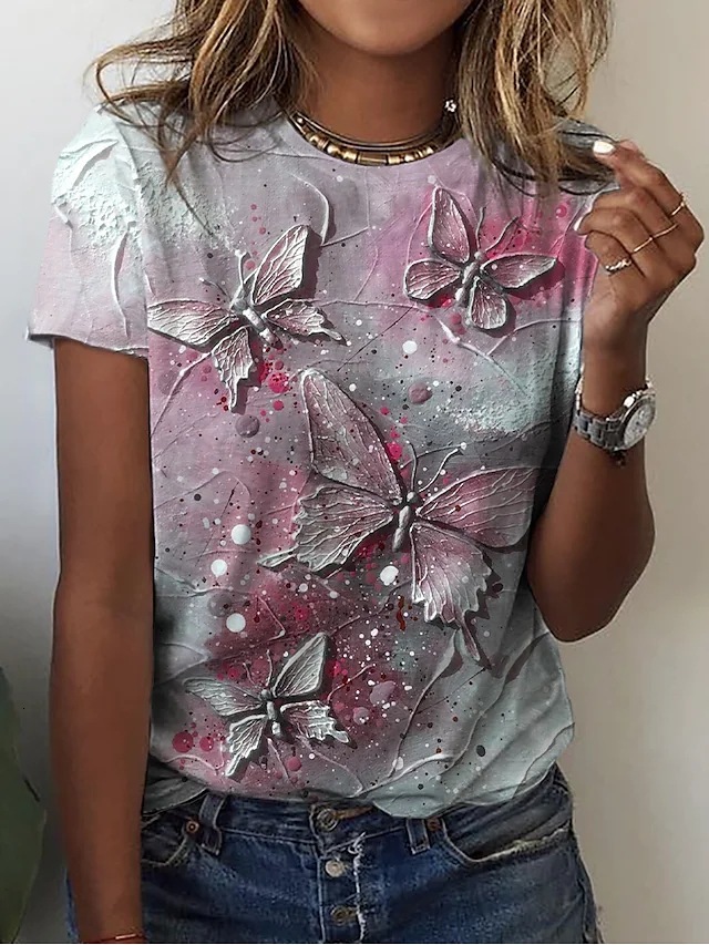 2025 Summer New Women's T-shirt New Butterfly Print Gradient Short Sleeve Casual Round Neck Short Sleeve New Designer T-shirt